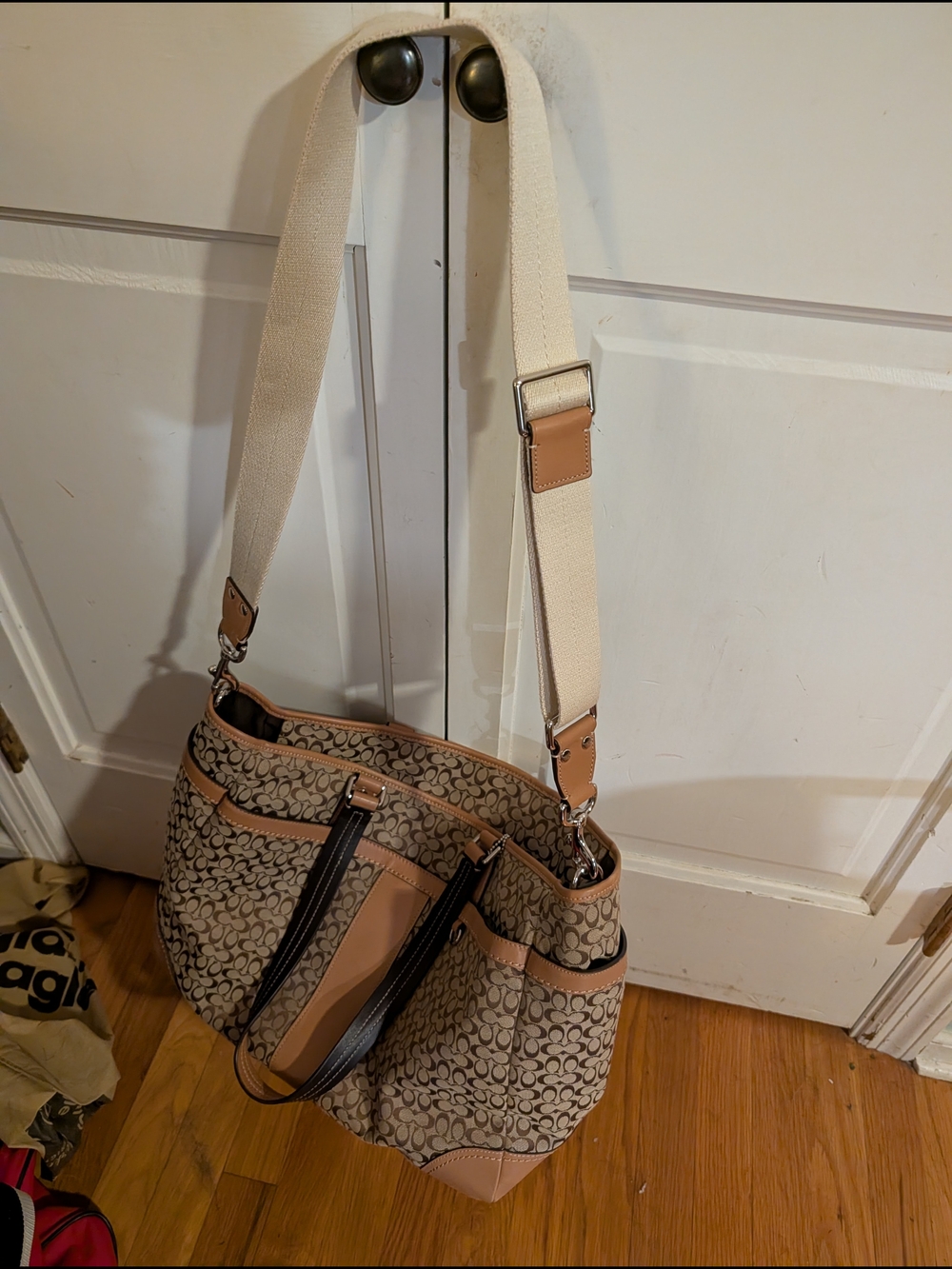 COACH Canvas Pattern Beige Oversized Shoulder Bag with Adjustable Cream Strap